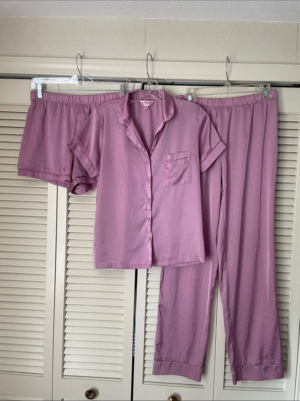 Juicy Couture Satin Pajama 3 piece set Sz S Dusty Rose Pink rhinestones